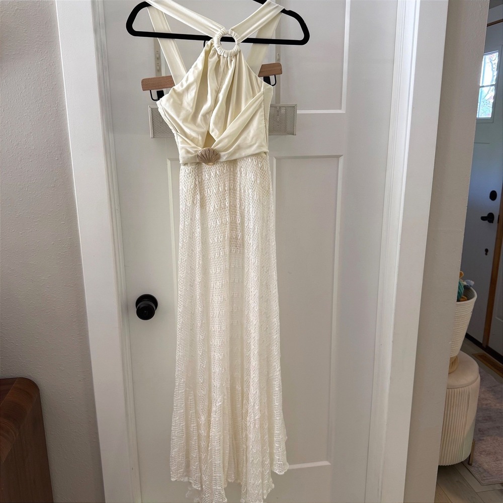 PatBO Asymmetric Netted Beach Dress White Seashell Halter Maxi Coastal Bridal M